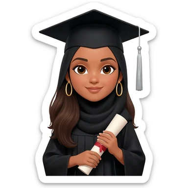 school graduation with a pretty female with hijab,  graduating student with long brown hair, brown eyes, big earrings and brown tan sticker