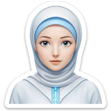 woman with white hijab wearing blue outfit, looking straight ahead, surrounded by futuristic screens showing advanced holographic interfaces, AI visualizations, quantum data patterns, circuit networks, high-tech metaverse elements sticker