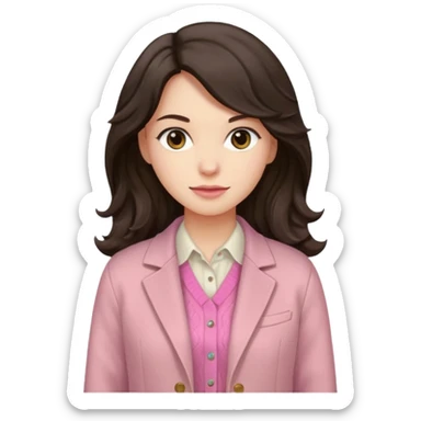 Portrait of woman with dark long wavy hair in white shirt, pink sweater and beige jacket sticker