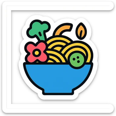 veggie pasta with colorful vegetables in a bowl, appetizing, icon style, lineal color icon with black outlines sticker