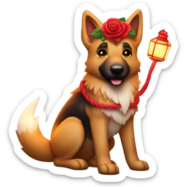 Brindled German shepherd fox carrying glowing red lantern, fairy lights, rose flower crown sticker