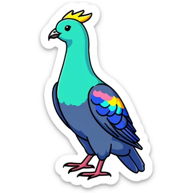 Nicobar pigeon with colorful iridescent feathers, long neck and distinctive white tail sticker
