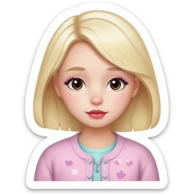 “Emoji girl, dewy skin, flushed blush across cheeks and nose, glossy cherry lips, soft puppy eyeliner, slightly teary sparkling eyes, wearing pastel cardigan.” sticker
