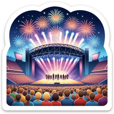 An icon showing a stadium stage with a concert in full swing, bright stage lights illuminating the performers, and fireworks bursting in the sky. The excitement of the crowd is palpable, symbolizing a love for live music and unforgettable shows. transparent background. sticker