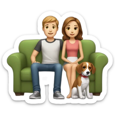 Brown hair White boy and girl with beagle Sit on couch sticker