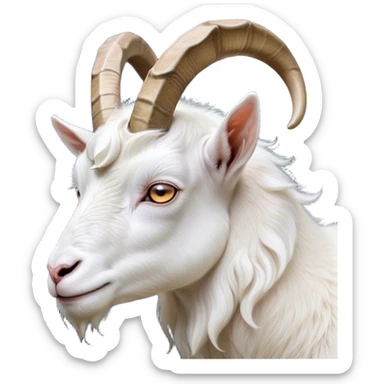 Cinematic Noble White Goat Portrait Emoji, Poised and regal, with a sturdy, agile build and a pristine, smooth white fur accented by gracefully curved horns, deep-set soulful dark eyes, Simplified yet sharp and sophisticated features, highly detailed, glowing with a soft, dignified glow, high shine, intelligent and spirited, stylized with an air of pastoral elegance, focused and attentive, soft glowing outline, capturing the essence of a watchful and confident goat, so majestic it feels as though it could leap out of the screen with effortless authority! sticker