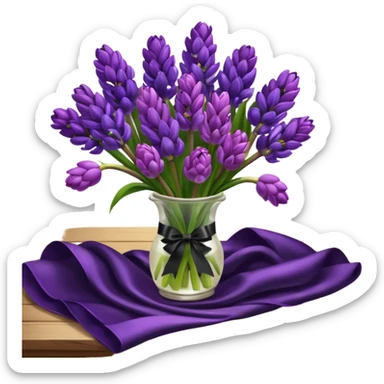 A lush bouquet of bright prple color Hyacinths black satin ribbon, resting on an antique wooden table, with a pale yellow and pink plaid pattern table cloth sticker