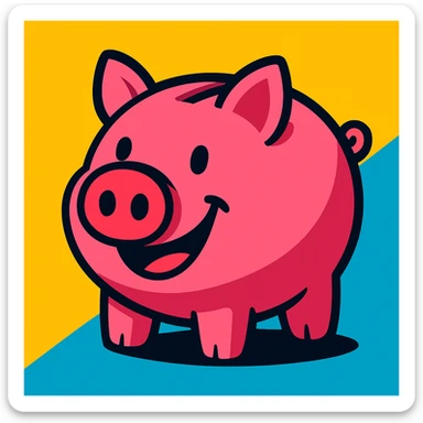 cute pink piggy bank with a round snout and a classic coin slot, bright highly saturated cartoon style, with a big smile sticker