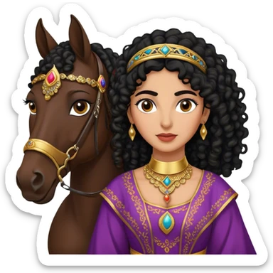 Middle Eastern woman with black curly hair and well defined eyebrows wearing a traditional dress holding into a horse  sticker