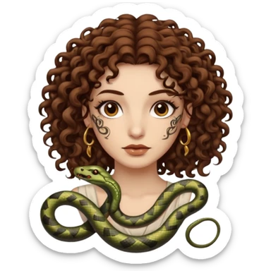 Sexy brown eyes, white skin, brown curly hair, with tattoo, mystic vibe, with snakes  sticker