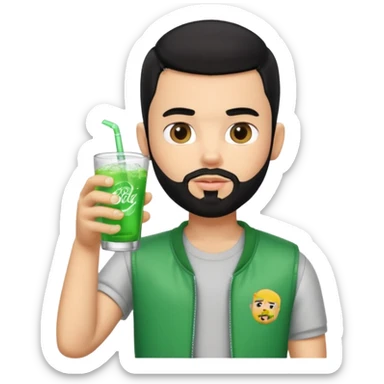 generate a pretty bratz boy with a buzz cut black hair, drinking sprite, bearded,  sticker