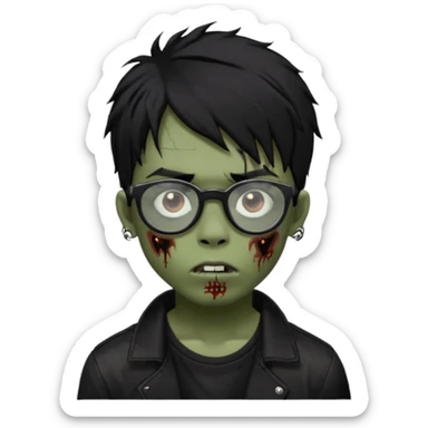 Boy, zombie, black hair, medium long, emo, shaggy, dark, spooky, creepy expression emoji, add dolce gabanna glasses, a risk on the eyebrow, some tattos  sticker
