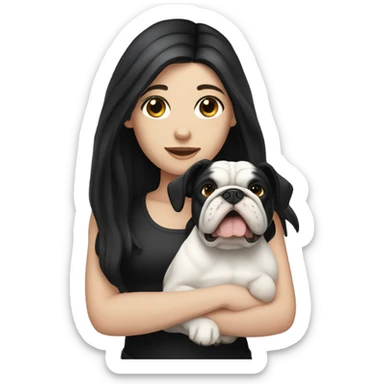 white girl with long black hair holding a white and black bulldog sticker