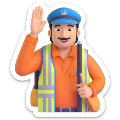 Pakistani bus conductor waving hand, wearing cap and vest, cheerful expression, holding whistle, South Asian features, minimal background sticker