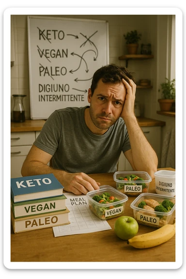 Confused man in his 30s sitting at a kitchen table cluttered with various diet books, meal plans, and food containers labeled keto, vegan, paleo, DIGIUNO INTERMITTENTE. He holds his head with one hand, looking overwhelmed and frustrated. The background shows a whiteboard full of crossed-out diet names and arrows going in circles. Expression: mental fatigue, indecision, information overload. Soft lighting, slight mess to emphasize his struggle. sticker