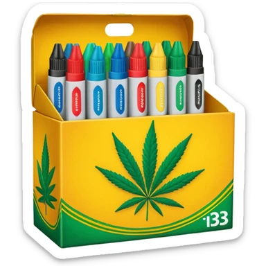 a box of crayola permanent markers with cannabis leaf sticker