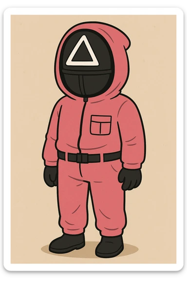 cartoon style squid game guard with pink jumpsuit sticker