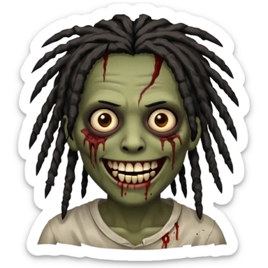 zombie with brown skin, messy black dreads hair, wide centered brown eyes, dark bloody marks under the eyes, and a smile showing grillz, giving a distressed, undead look. sticker
