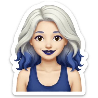 woman with wavy long white hair and brown eyes with dark blue lipstick smiling in a grunge tanktop sticker