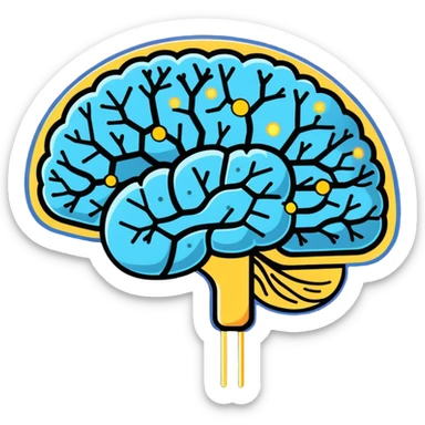 Cute sticker of a pearly blue capsule floating before a stylized brain with golden sparks forming a neural network pattern. A small liver icon glows nearby, all within a gentle swirling aura representing mental clarity and body connection sticker