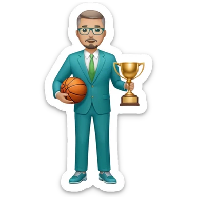 Full Body white plus size man  wearing glasses with a goatee with light brown and gray short hair basketball head Coach in blue and green suit holding trophy sticker