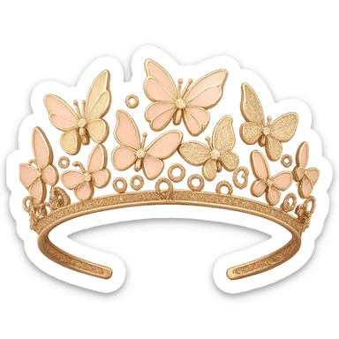 butterfly crown with a rose gold base, butterflies in blush and gold enamel, sparkling gems, transparent background sticker