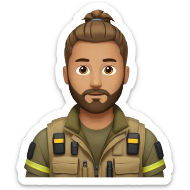 man with man bun hairstyle, beard, tactical vest, no glasses sticker
