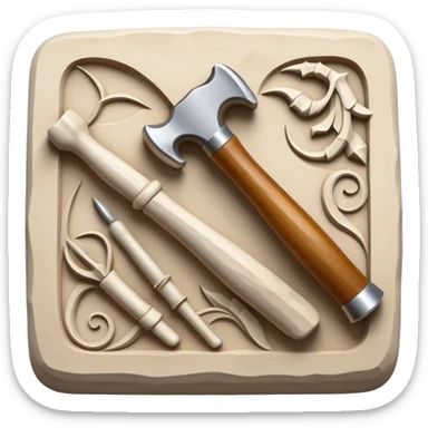 Carving icon, stone, bone, and horn being carved with chisels, fine detailed patterns visible, carving tools like hammer and chisel, minimalistic style, clean lines, transparent background. sticker