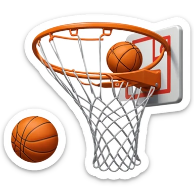 A close-up of a basketball shield and hoop with the ball swishing through the net, captured mid-air. The background emphasizes the tension and excitement of the moment, with the rim and net in sharp focus, showcasing the precision and skill of the sport. sticker
