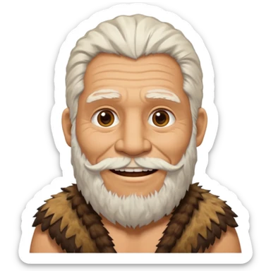 smiling old Neanderthal with white hair, beard, and animal skin clothing emoji style sticker