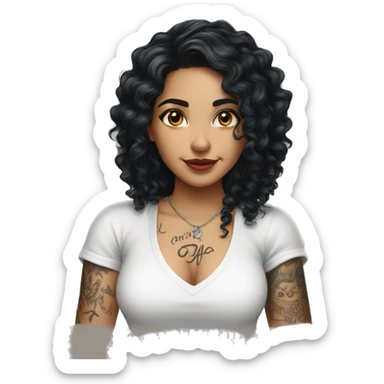 Pretty Latina girl with long black curly hair in white shirt and arm tattoos sticker
