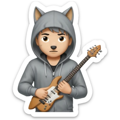 Wolf Cut boy wearing hoodie with a katana on his back and a guitar behind him sticker
