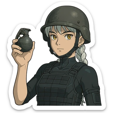  a closeup portrait of young woman with gold yellow eyes, white hair, long braid, black off-shoulder top d-cup, punk gothic style, futuristic cyberwave cyberpunk,  she has a plate carrier armor vest , and a old-style steel bulletproof combat helmet. holding up a m67 hand grenade  sticker