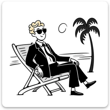 blonde businessman in formal suit sitting in a beach chair on a tropical vacation, relaxing sticker