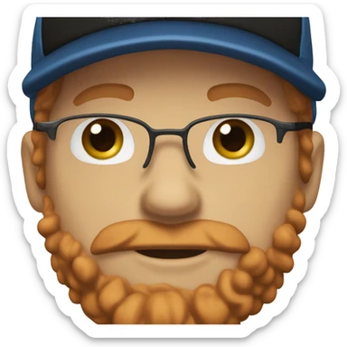 30 year old male male with red hair, glasses, black baseball hat, blue eyes, pale complexion, and a beard sticker