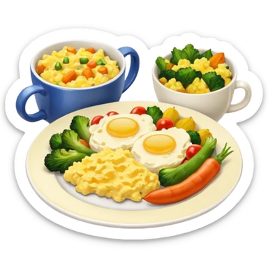 plate with eggs and veggies,  on the side coffee in cute mug sticker
