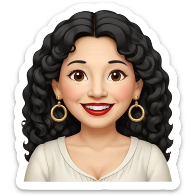 60 yr old peruvian woman, slightly chubby, wavy/curly long black hair, red lipstick, big smile, white teeth, brown eyes, hoop earings, side part to hair, round face, pretty white dress, hair side swept, big hoop earing sticker
