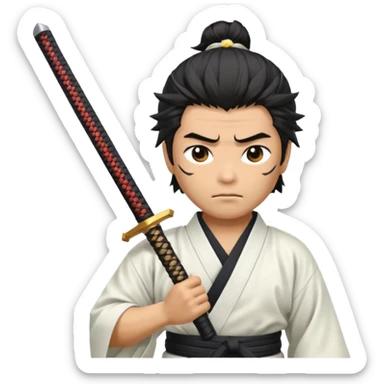 japanese samurai holding samurai sword he is wearing white kimono he has muscles and black messy hair  sticker