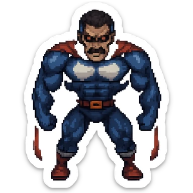Make Omni-Man look more menacing in pixel art style, add intense eyes and darker shading, no background. Keep the pixel art style with pixelated details emphasizing menacing expression and shading. sticker