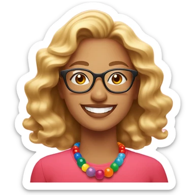 The moon  cheerful woman with wavy blonde hair and glasses, wearing a pink shirt and colorful beaded necklace, smiling brightly against a vibrant red background." sticker