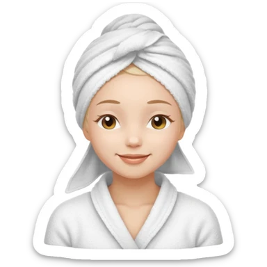 cute girl with her eyes closed and smiling, wearing a white spa towel as her clothes in she has a white spa towel on her head, white face skincare sticker