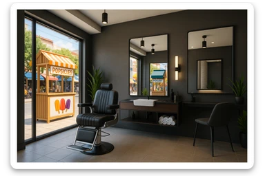 brohouse sartarosh xonasini chizib ber tashqaridan va uning yonida yupi va musqaymoq sotadigan lavkalar bulsin va sartarosh xona sal zamonaviyroq bulsin sticker