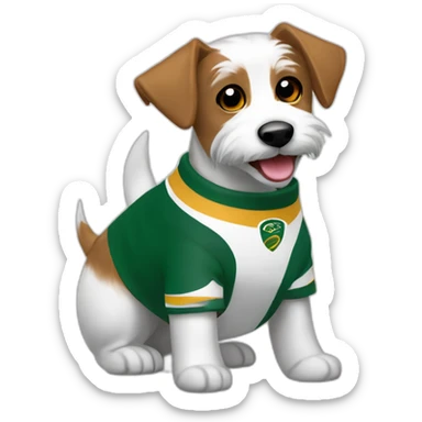 happy scruffy jack russel maltese dog with brown ears white face wearing springboks rugby shirt sticker
