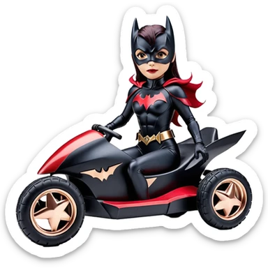 Hot full size real size-appearance electric racing action sexy BatWoman’s feminine midnight-colored tight outfit sixty’s tv show 1992 dark stealthy sporty safe plush petite off-road pursuit cruiser car rose gold accents (black hair,reclined and relaxed torso and shoulders seating position) go kart  sticker