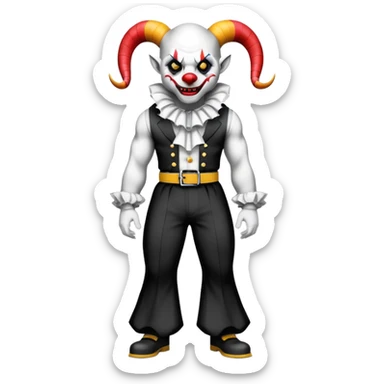 full-body muscular demonic clown in black and white leisure suit with bellbottom pants, bald, black ram horns, flashy black and white belt, ruffled white shirt, no neck tie, large fangs sticker