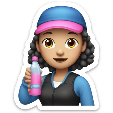 girl with fair skin, wearing a blue cap on her head, black blouse, holding a pink bottle in her right hand, with water inside sticker