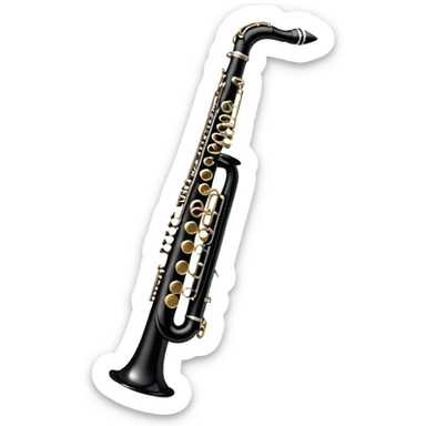Create a sleek and professional emoji representing a black standard clarinet. The design should feature a smooth, glossy black body of the clarinet with shiny, silver keys clearly visible. Highlight the intricate details of the mouthpiece and reed at the top, while the body of the instrument should remain simple and elegant. Add subtle musical notes or soundwaves floating around the instrument to symbolize its clear, melodic sound. Use black for the body, silver for the keys, and soft lighting effects to give the instrument a polished, sophisticated look. The background should be transparent. sticker