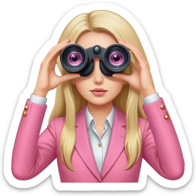 futuristic-looking woman with long hair in an intensive color pink suit looking through two-eye binoculars sticker