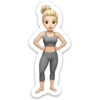 Pale skinned fit woman In a gray tight yoga suit and wristbands With ash blonde hair in a bun doing yoga sticker