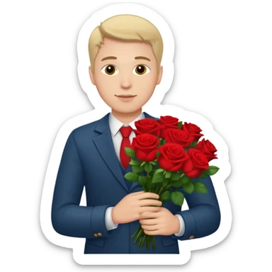 Un homme blanc brun pas en costard qui donne un bouquet de roses dans la main sticker